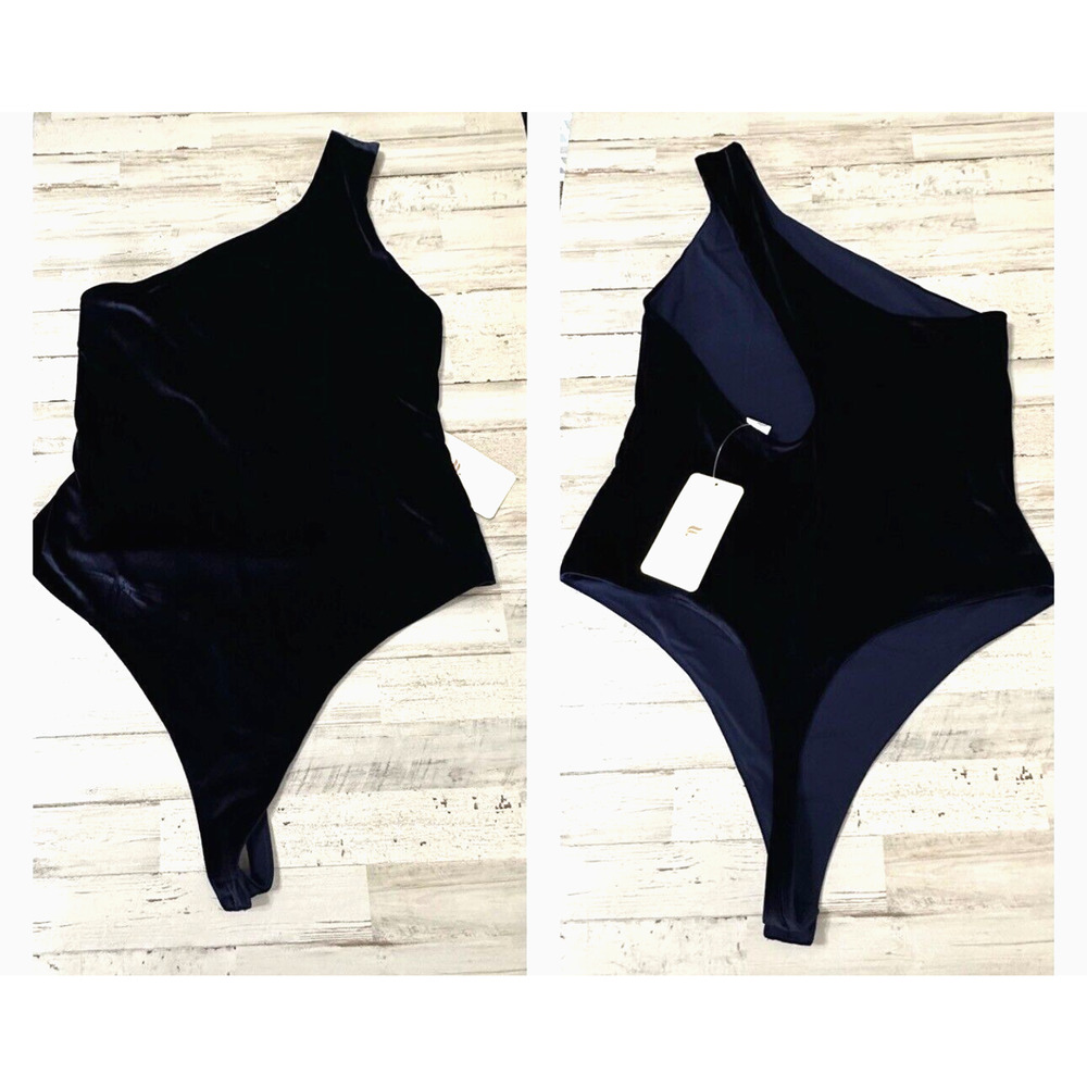 Fabletics Gigi‎ Velour Bodysuit Navy XXL 14/16 One Shoulder Top Trendy Snaps NEW